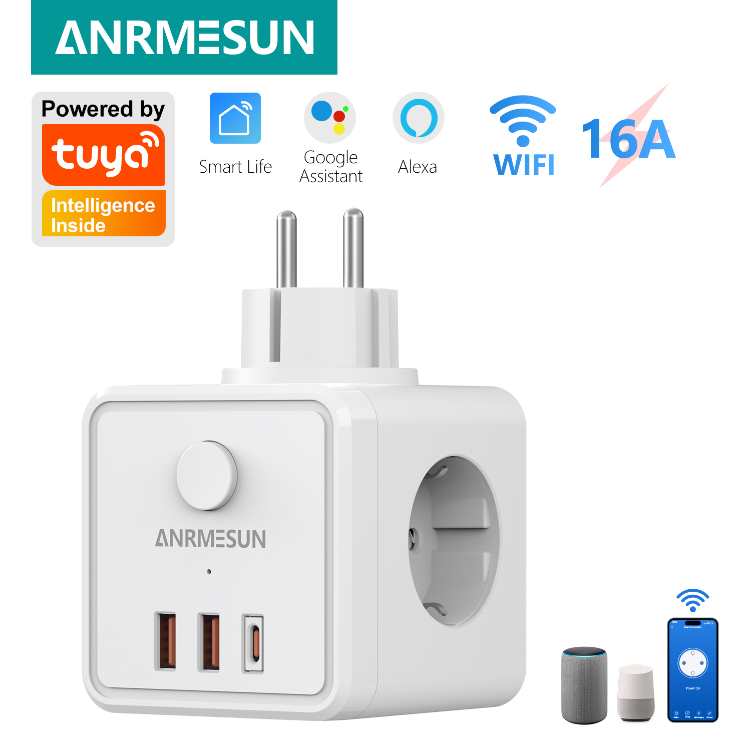 Smart Home Or Smart Home - 3 EU-stekkers, 2 USB-A, 1 Type-C